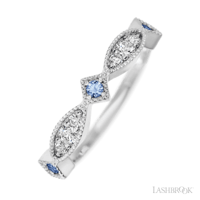 14K White Gold band with alternating 3 Round Denim Sapphire, 2 Round Lab Grown Diamond and 4 Round Lab Grown Diamond having TCW-.27