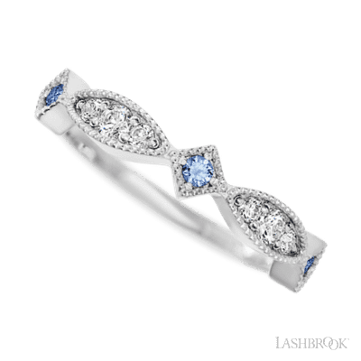 14K White Gold band with alternating 3 Round Denim Sapphire, 2 Round Lab Grown Diamond and 4 Round Lab Grown Diamond having TCW-.27