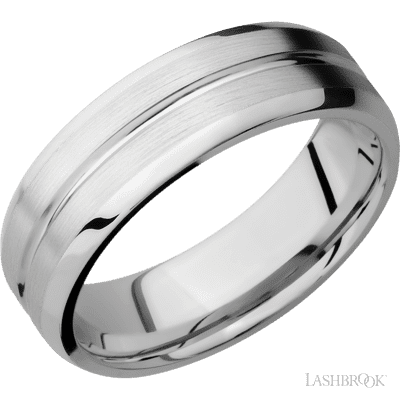 7 mm wide Beveled with Center Accent Groove 14K White Gold band.