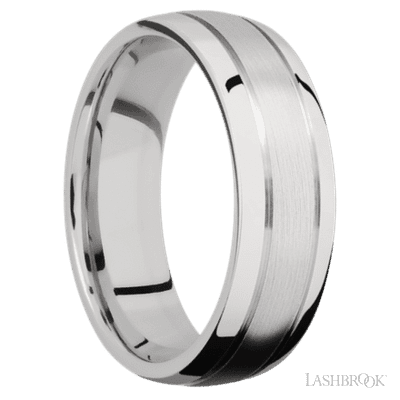 7 mm wide Domed with two accent grooves 14K White Gold band.