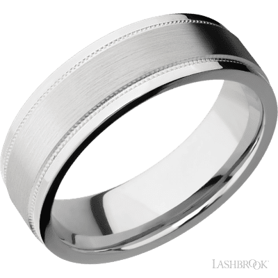 7 mm wide Flat Stepped Edges Milgrain 14K White Gold band.