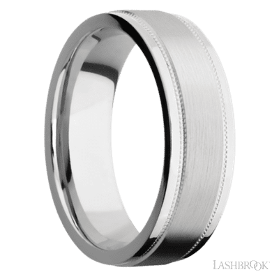 7 mm wide Flat Stepped Edges Milgrain 14K White Gold band.