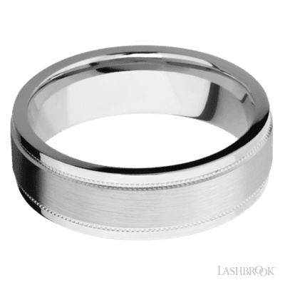 7 mm wide Flat Stepped Edges Milgrain 14K White Gold band.