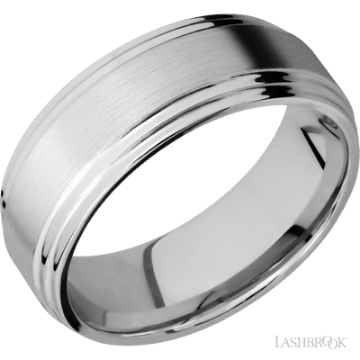 8 mm wide Flat Double Stepped Edges 14K White Gold band.