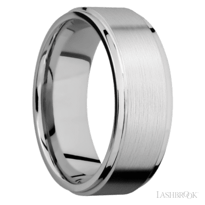 8 mm wide Flat Grooved Edges 14K White Gold band.