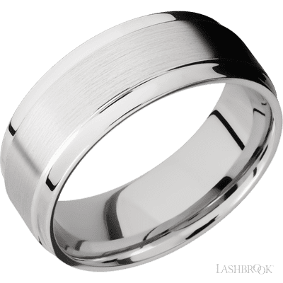 8 mm wide Flat Wide Grooved Edges 14K White Gold band.