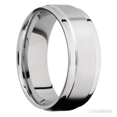 8 mm wide Flat Wide Grooved Edges 14K White Gold band.