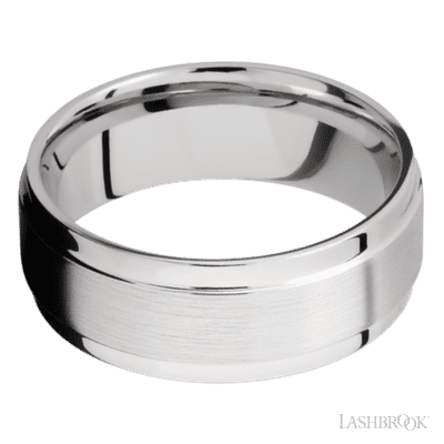 8 mm wide Flat Wide Grooved Edges 14K White Gold band.