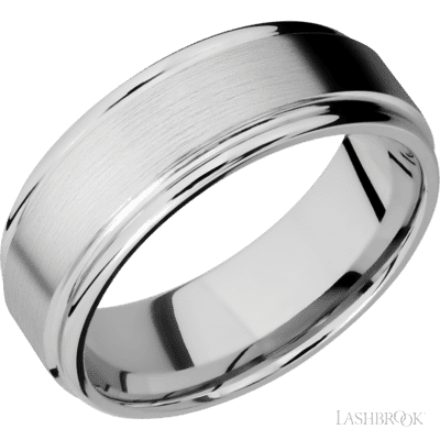 8 mm wide Flat Rounded Edges 14K White Gold band.