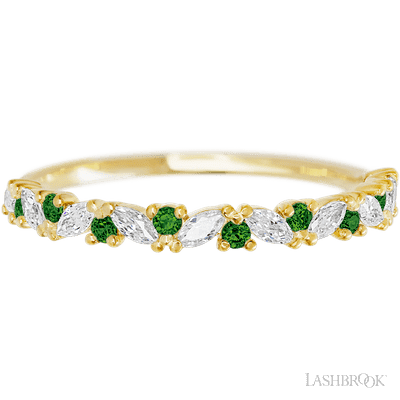 14K Yellow Gold band with alternating 9 Round Green Diamond and 8 Marquise Lab Grown Diamond having TCW-.38