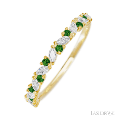 14K Yellow Gold band with alternating 9 Round Green Diamond and 8 Marquise Lab Grown Diamond having TCW-.38