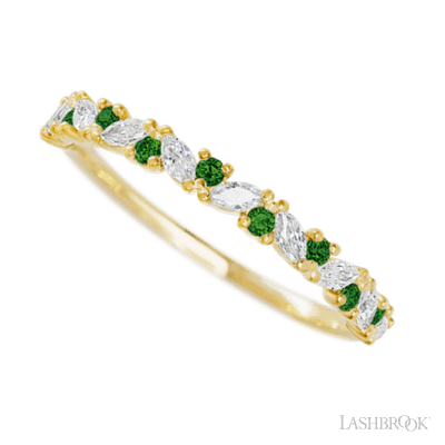 14K Yellow Gold band with alternating 9 Round Green Diamond and 8 Marquise Lab Grown Diamond having TCW-.38