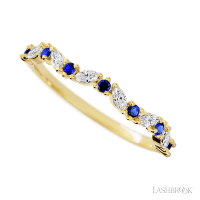 14K Yellow Gold band with alternating 8 Round Sapphire and 7 Marquise Lab Grown Diamond having TCW-.33