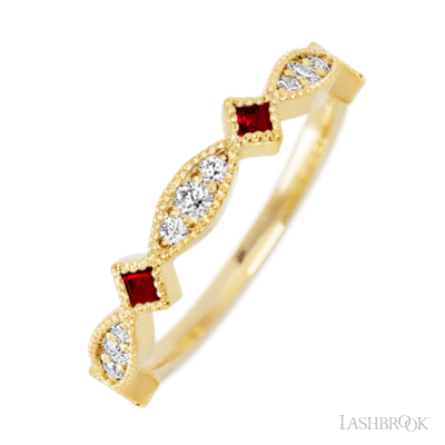 14K Yellow Gold band with alternating 7 Round Lab Grown Diamond, 6 Round Lab Grown Diamond and 4 Princess Dark Ruby having TCW-.51