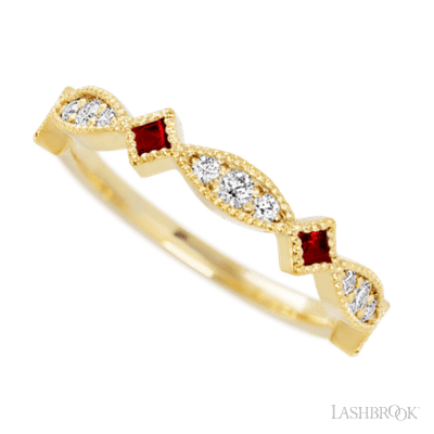 14K Yellow Gold band with alternating 7 Round Lab Grown Diamond, 6 Round Lab Grown Diamond and 4 Princess Dark Ruby having TCW-.51