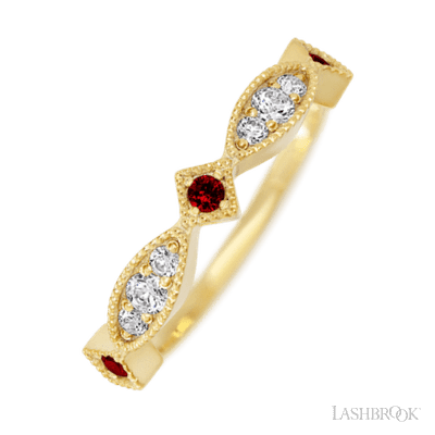 14K Yellow Gold band with alternating 3 Round Dark Ruby, 2 Round Lab Grown Diamond and 4 Round Lab Grown Diamond having TCW-.27
