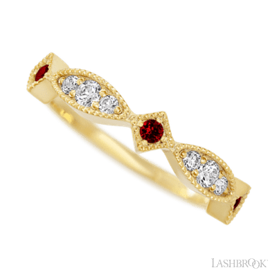 14K Yellow Gold band with alternating 3 Round Dark Ruby, 2 Round Lab Grown Diamond and 4 Round Lab Grown Diamond having TCW-.27