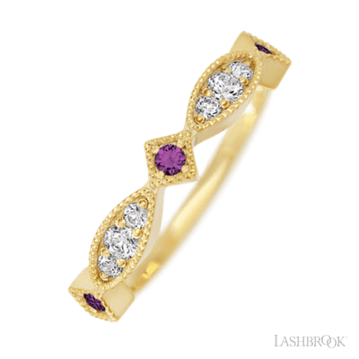 14K Yellow Gold band with alternating 3 Round Purple Diamond, 2 Round Lab Grown Diamond and 4 Round Lab Grown Diamond having TCW-.27