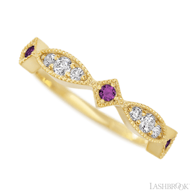 14K Yellow Gold band with alternating 3 Round Purple Diamond, 2 Round Lab Grown Diamond and 4 Round Lab Grown Diamond having TCW-.27