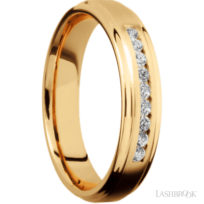 5 mm wide/Flat Grooved Edges/14K Yellow Gold band with an  arrangement of 9, .03 carat Round Diamond stones in a Channel setting.