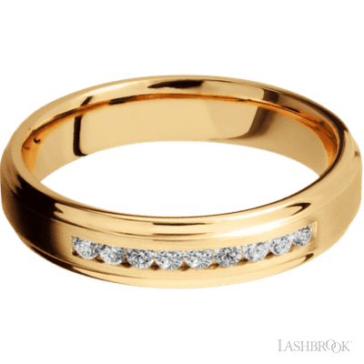 5 mm wide/Flat Grooved Edges/14K Yellow Gold band with an  arrangement of 9, .03 carat Round Diamond stones in a Channel setting.