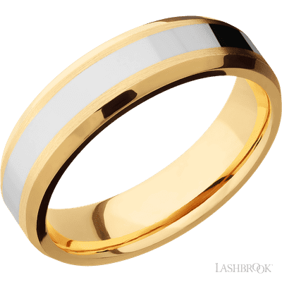 6 mm wide/Beveled/14K Yellow Gold band with one 3 mm Centered inlay of 14K White Gold.
