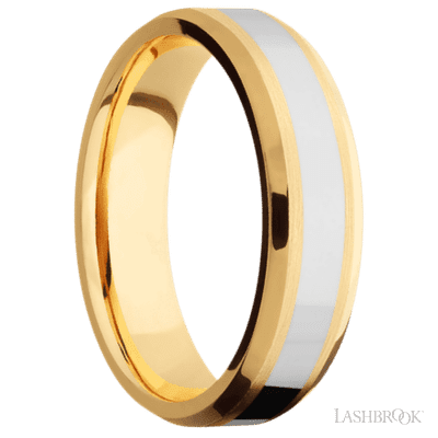 6 mm wide/Beveled/14K Yellow Gold band with one 3 mm Centered inlay of 14K White Gold.