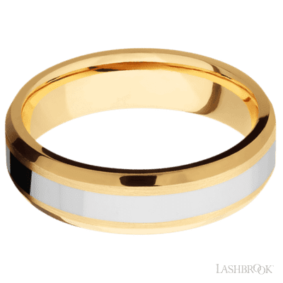 6 mm wide/Beveled/14K Yellow Gold band with one 3 mm Centered inlay of 14K White Gold.