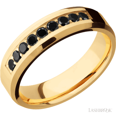 6 mm wide/Beveled/14K Yellow Gold band with an  arrangement of 9, .05 carat Round Black Diamond stones in a Bead Channel setting.