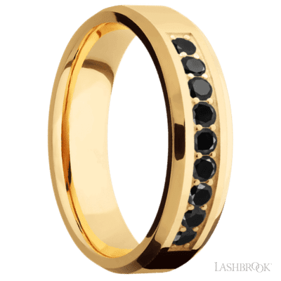 6 mm wide/Beveled/14K Yellow Gold band with an  arrangement of 9, .05 carat Round Black Diamond stones in a Bead Channel setting.