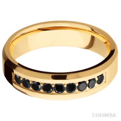 6 mm wide/Beveled/14K Yellow Gold band with an  arrangement of 9, .05 carat Round Black Diamond stones in a Bead Channel setting.