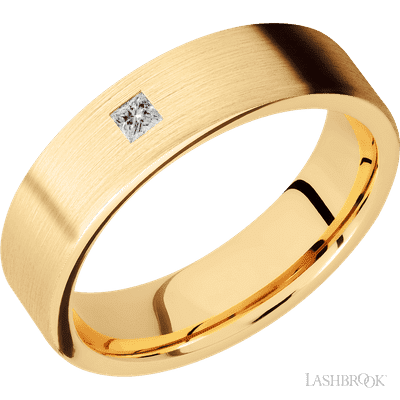 6 mm wide/Flat/14K Yellow Gold band with an  arrangement of 1, .1 carat Princess Diamond stones in a Flush setting.