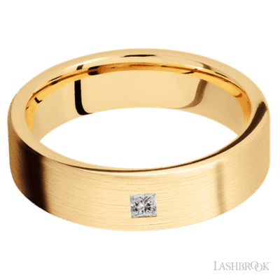 6 mm wide/Flat/14K Yellow Gold band with an  arrangement of 1, .1 carat Princess Diamond stones in a Flush setting.