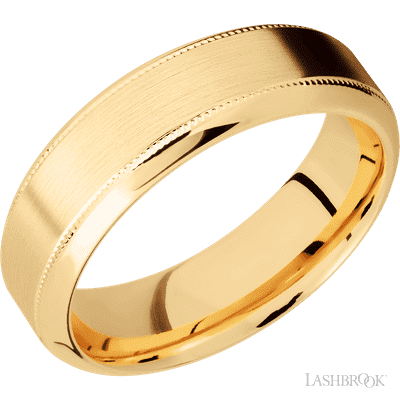 7 mm wide High Bevel Milgrain 14K Yellow Gold band.