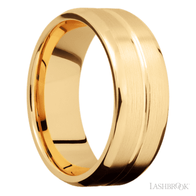 8 mm wide Beveled with Center Accent Groove 14K Yellow Gold band.