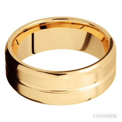 8 mm wide Beveled with Center Accent Groove 14K Yellow Gold band.