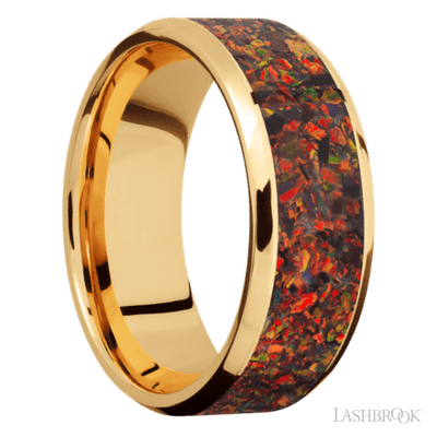 8 mm wide/Beveled/14K Yellow Gold band with one 6 mm Centered inlay of Red Opal.