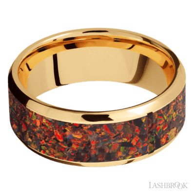 8 mm wide/Beveled/14K Yellow Gold band with one 6 mm Centered inlay of Red Opal.