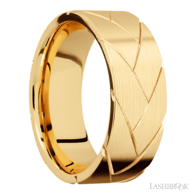8 mm wide/Flat/14K Yellow Gold band with a machined Flatbraid pattern.