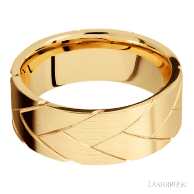 8 mm wide/Flat/14K Yellow Gold band with a machined Flatbraid pattern.