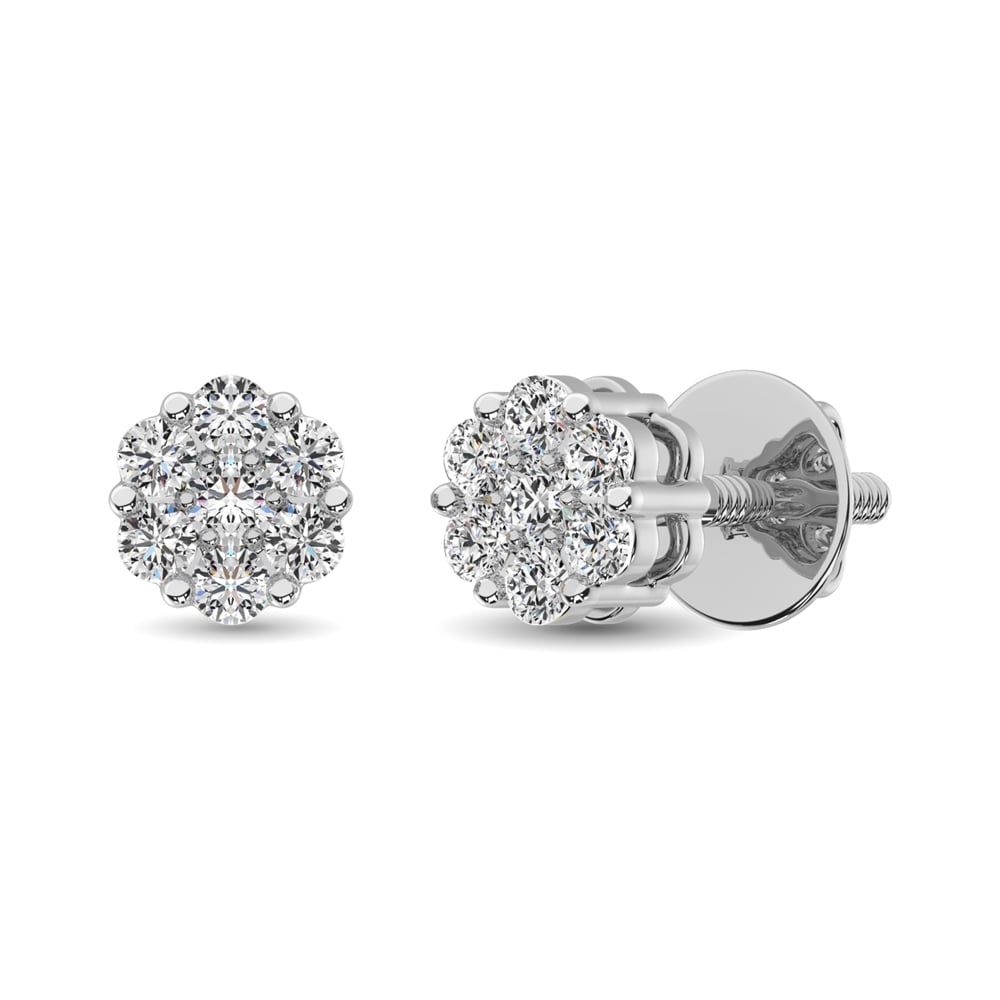 14K White Gold 3/8 Ct.Tw. Diamond Flower Studs Earrings