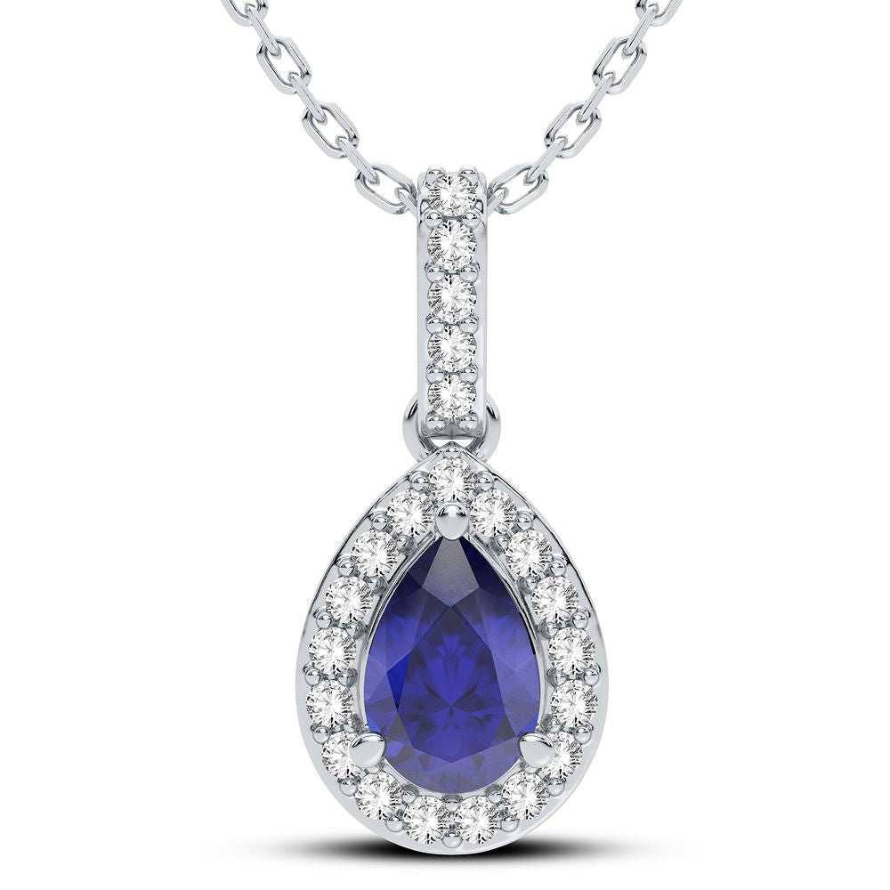 14K White Gold Lab Diamond & Sapphire Womens Pendant