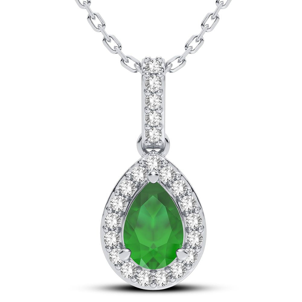 14K White Gold Lab Diamond Emerald Womens Pendant