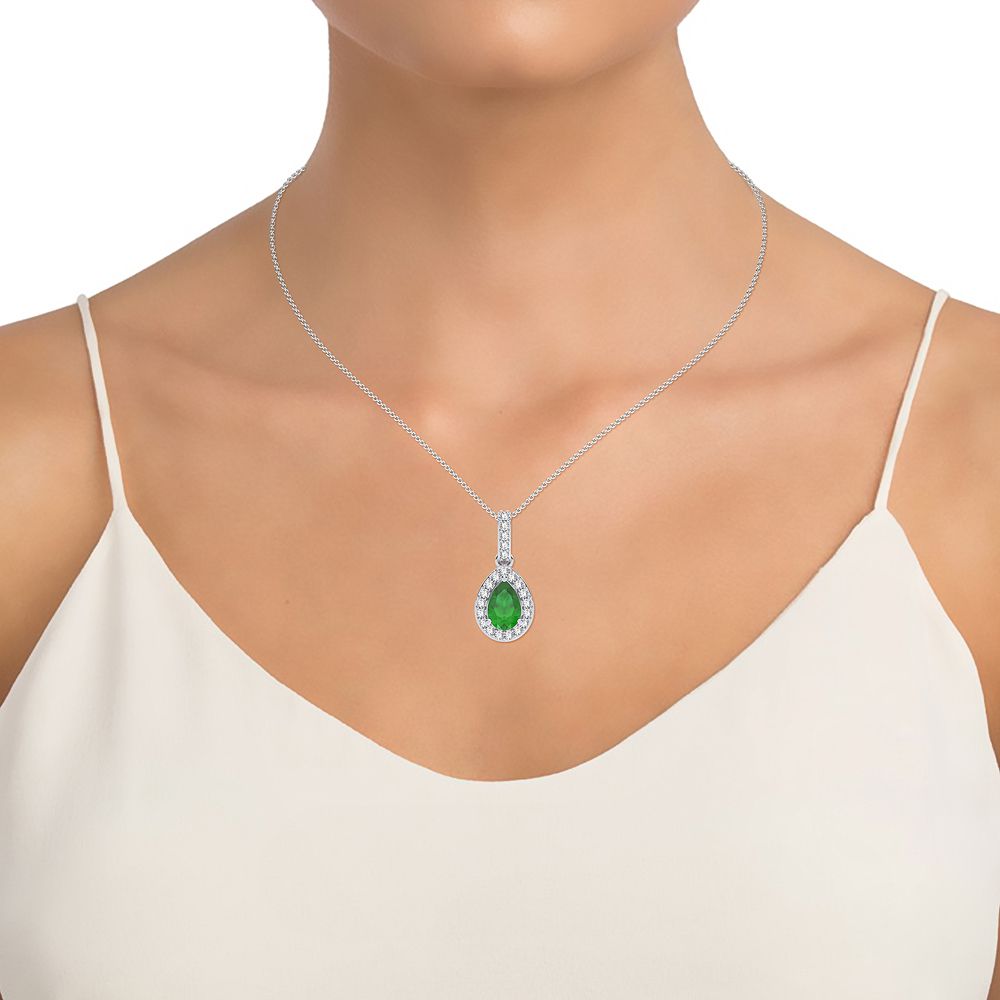 14K White Gold Lab Diamond Emerald Womens Pendant