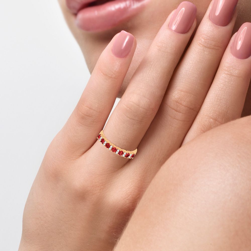 14K Yellow Gold Lab Diamond Ruby Accent Womens Band