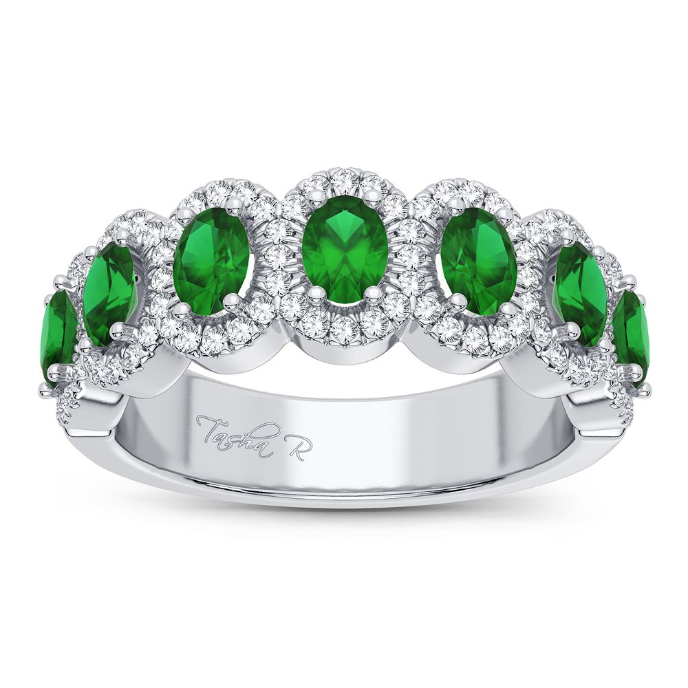 14k White Gold Lab Diamond Emerald Accent Womens Ring