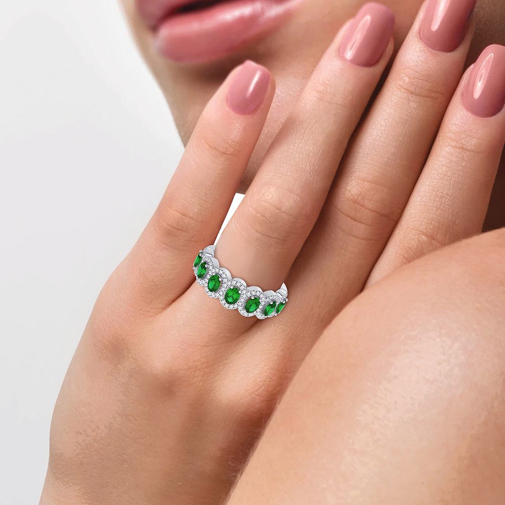14k White Gold Lab Diamond Emerald Accent Womens Ring