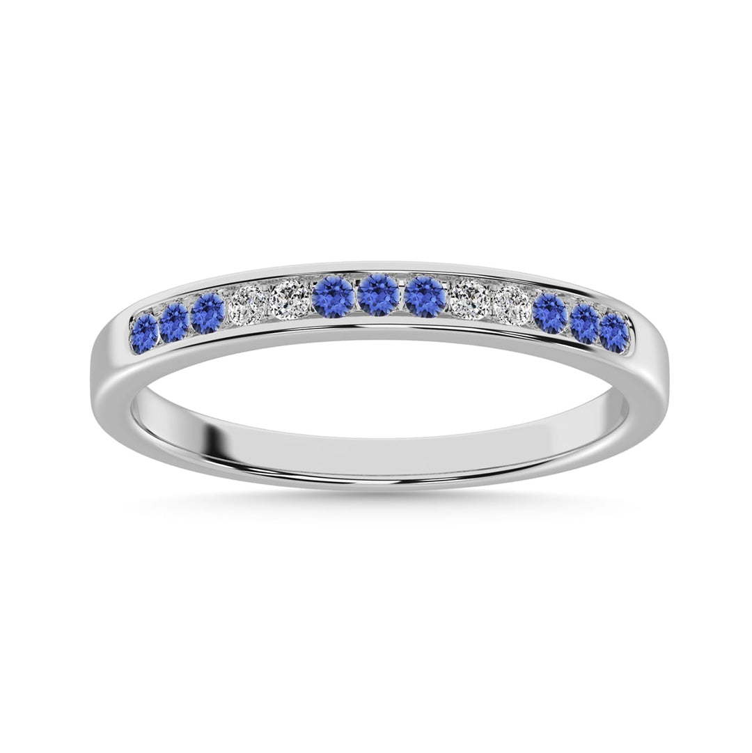 Tanzainte and Alternate Diamond 1/4 Ct.Tw. Ladies Machine Band in 14K White Gold