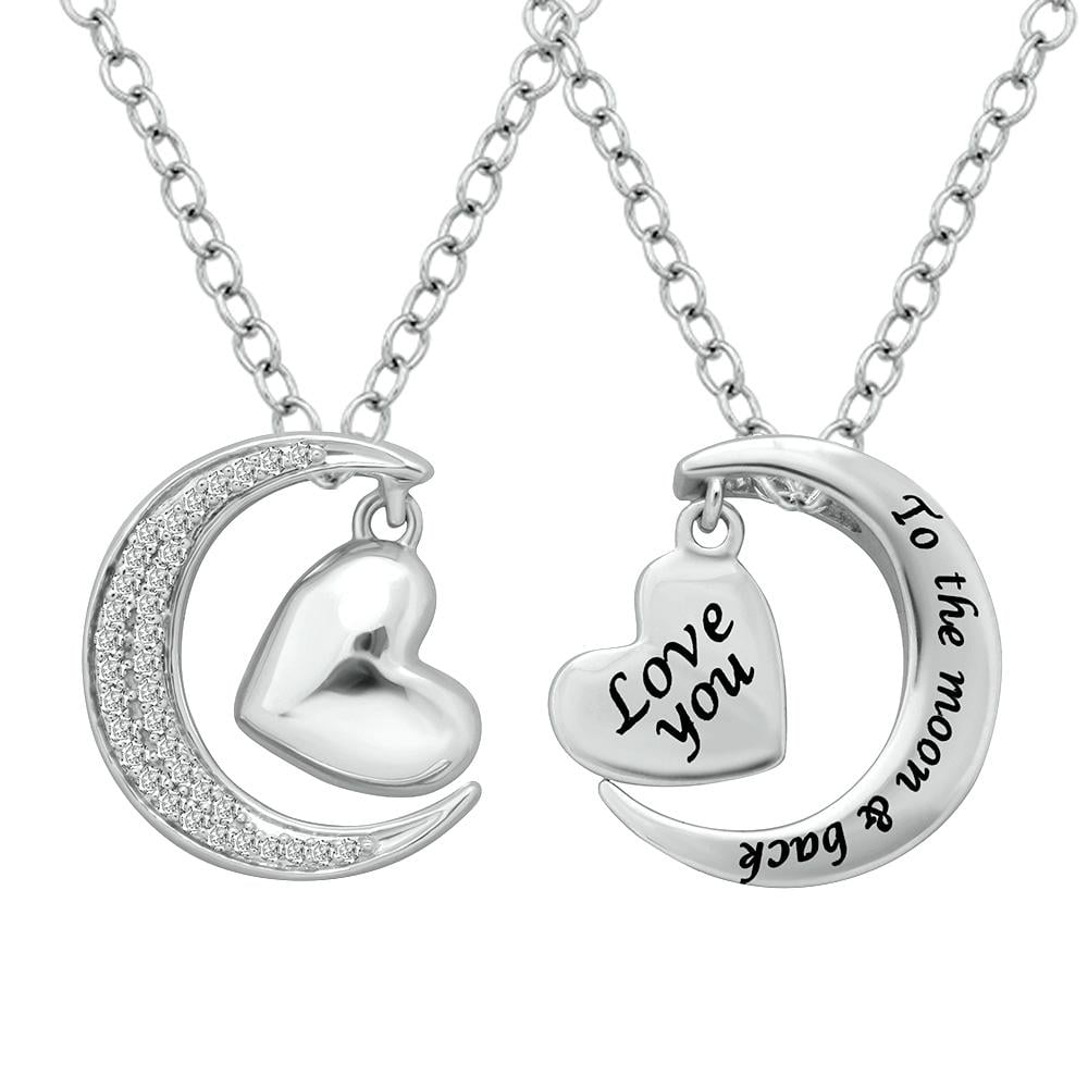 Sterling Silver 1/8 Ct.tw Diamond Heart  & Moon Pendant