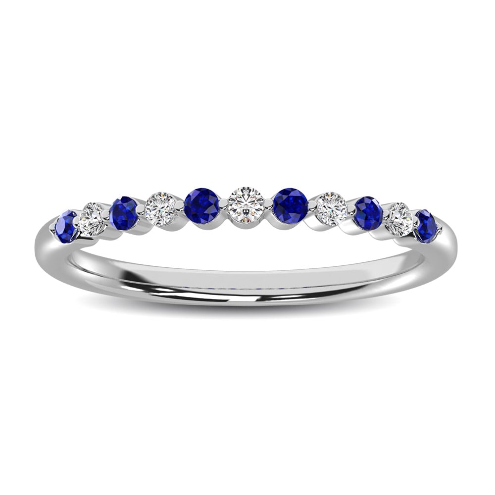 14K White Gold Alternate Diamond 1/4 Ct.tw and Blue Sapphire Ring